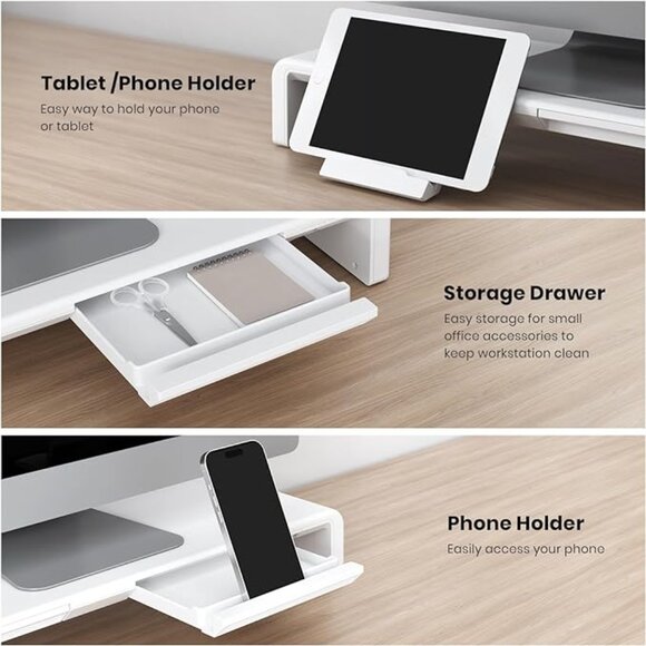 Klearlook White Foldable Monitor Stand With built - in drawer & phone Stand - Picture 6 of 8